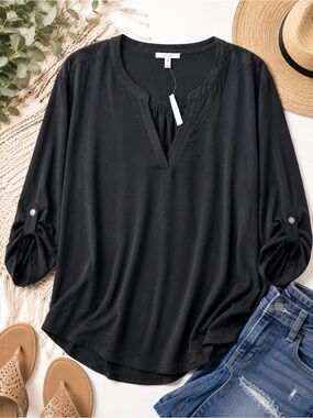 Maurices Black Split V-Neck Roll-Tab Sleeve Blouse